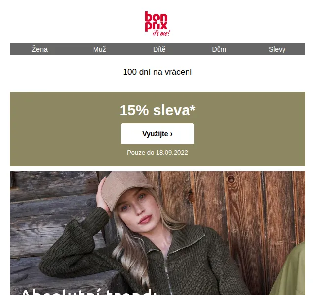 bonprix: 15% sleva na svetr s límcem na zip – červen 2026 | Nuslet.cz