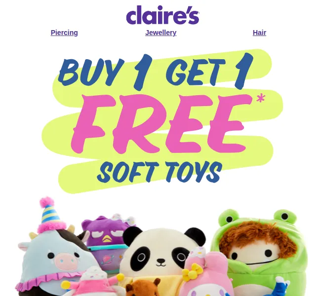 Claire's: Buy 1 Get 1 FREE na plyšáky – červenec 2026 | Nuslet.cz