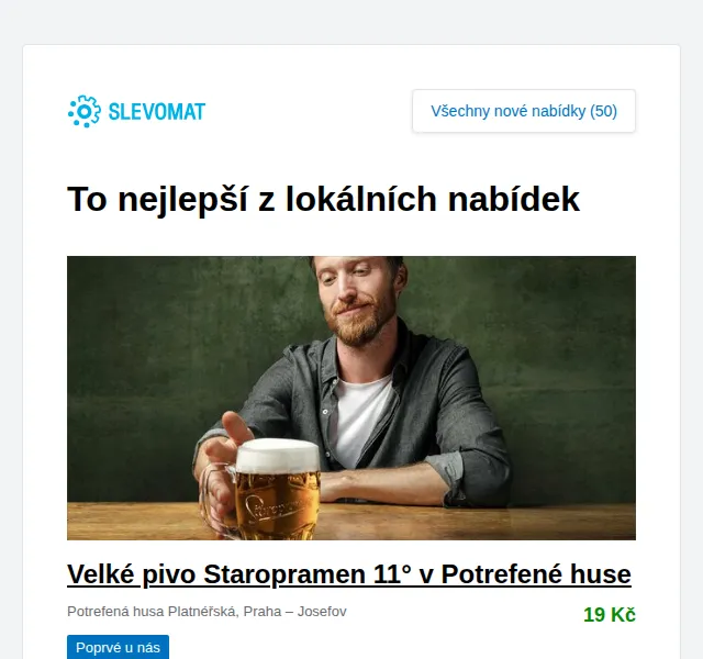 Slevomat: Velké pivo Staropramen 11° v Potrefené huse za 19 Kč – červen 2026 | Nuslet.cz