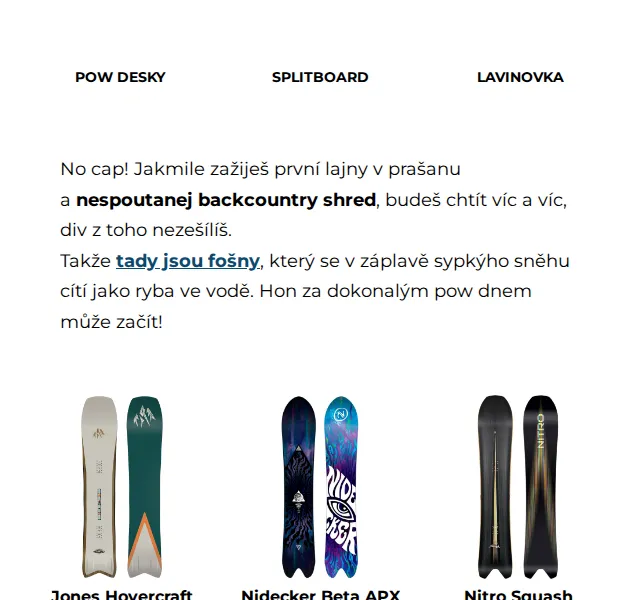 Snowboard Zezula: Pow desky, splitboardy a lavinovka – duben 2026