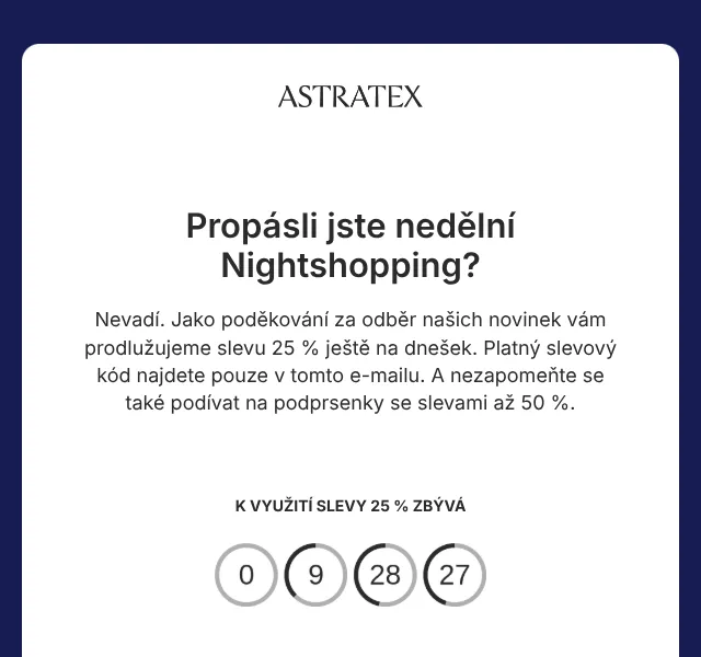 Astratex.cz: V.I.P. Nightshopping sleva 25 % – červenec 2026