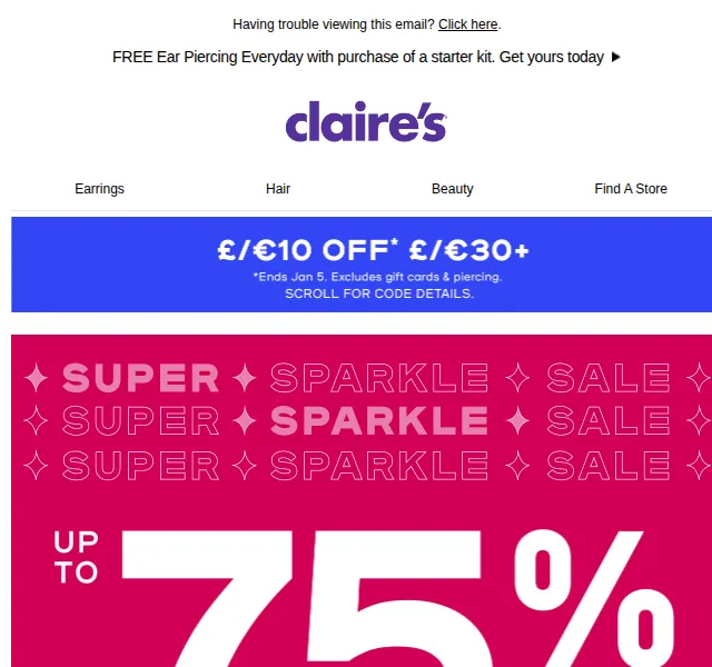 Claire's: náušnice od 1 € a sleva až 75 % – červen 2026 | Nuslet.cz