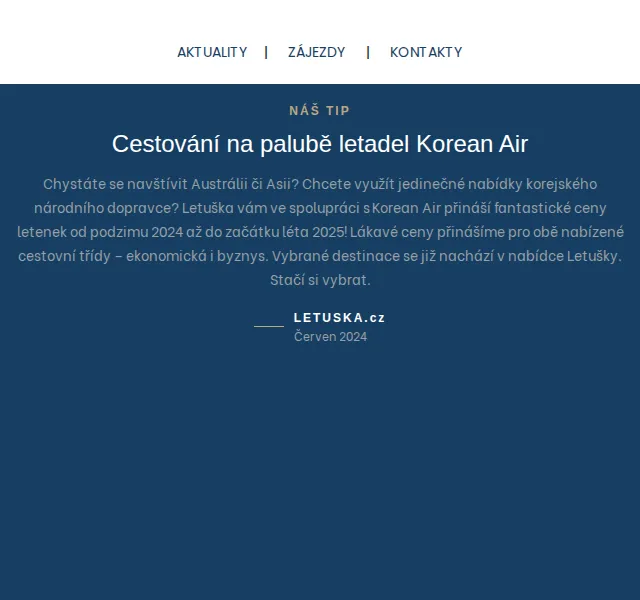 Letuška.cz: Korean Air, golfové zájezdy, juniorské pobyty – červenec 2026 | Nuslet.cz