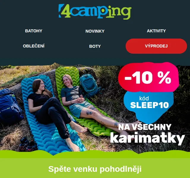 4camping.cz: –10 % na karimatky a matrace, kód SLEEP10