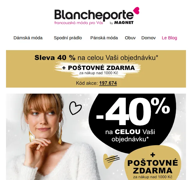 Blancheporte: Sleva 40 % při 2 ks + doprava zdarma – červen 2026 | Nuslet.cz