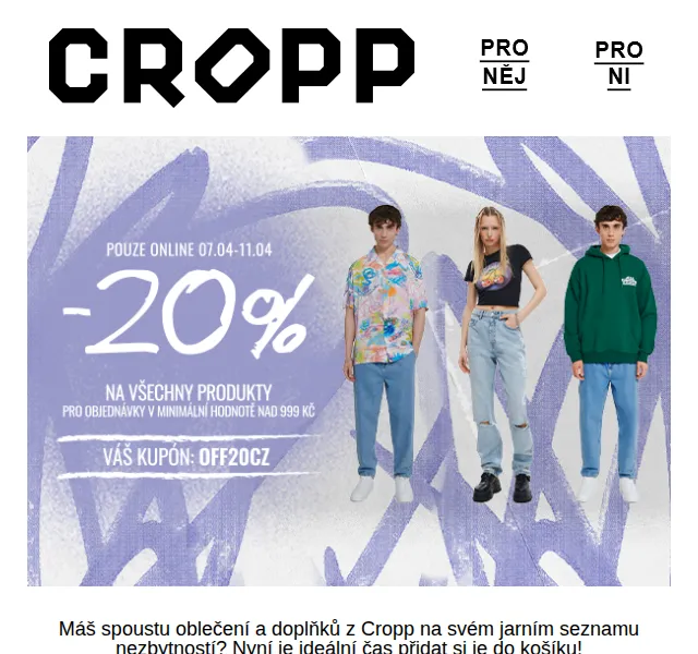 Cropp: -20% při nákupu nad 999 Kč – duben 2026 | Nuslet.cz