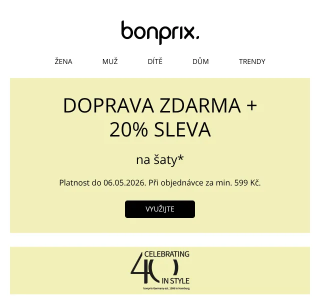 Bonprix: 20 % sleva na šaty + doprava zdarma – květen 2026