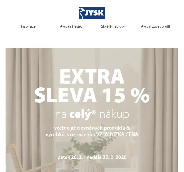 JYSK: Extra sleva 15 % – duben 2026 | Nuslet.cz