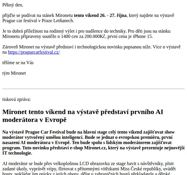 Mironet: AI moderátor na Prague Car Festival – červen 2026 | Nuslet.cz
