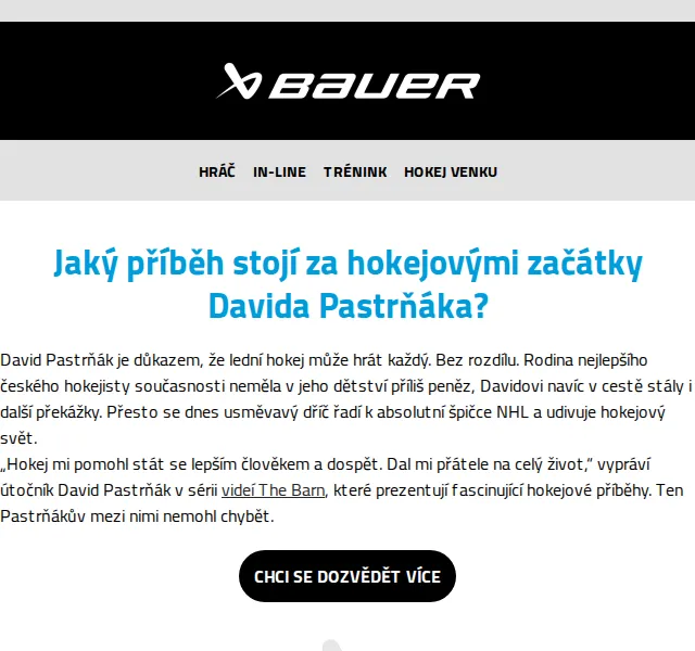 Bauer Hockey: Začátky Davida Pastrňáka a kšiltovky ČR – červenec 2026 | Nuslet.cz