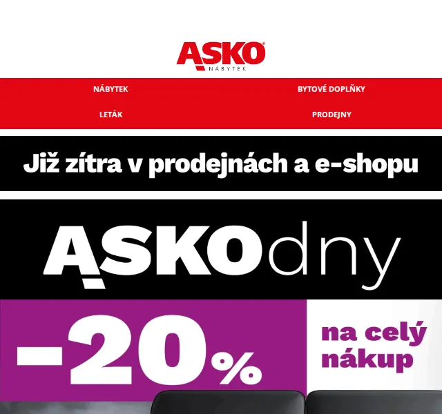 Asko Nábytek: Sleva 20 % na celý nákup – červenec 2026 | Nuslet.cz