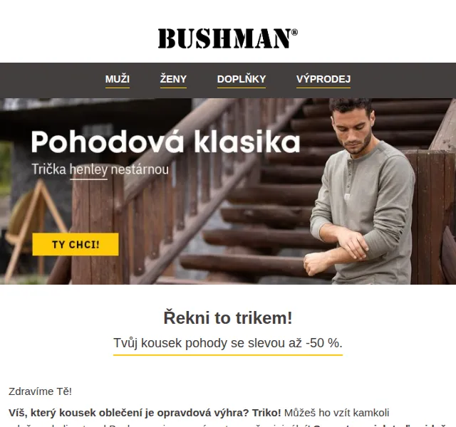BUSHMAN: Sleva až -50 % na trika – červen 2026 | Nuslet.cz