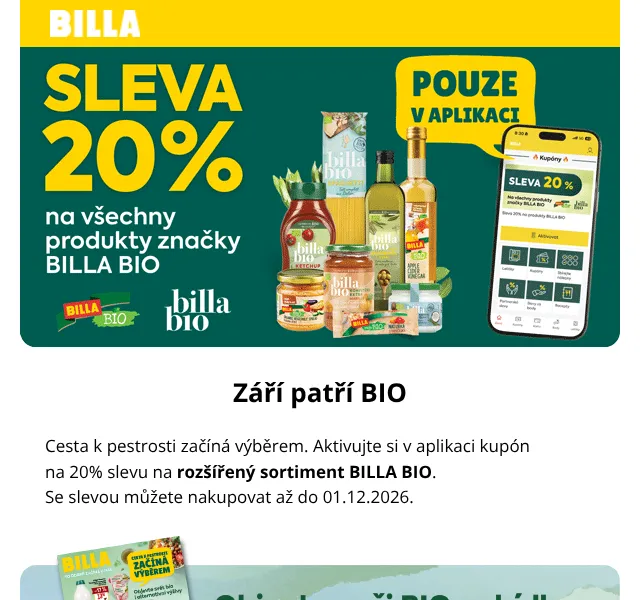 Billa: BIO produkty až -50 % – září 2026