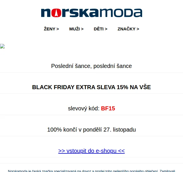 Norskamoda.cz: Sleva 15 % na vše Black Friday – listopad 2026 | Nuslet.cz