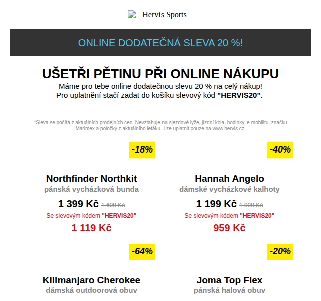 Hervis: ONLINE DODATEČNÁ SLEVA 20 % – červen 2026 | Nuslet.cz