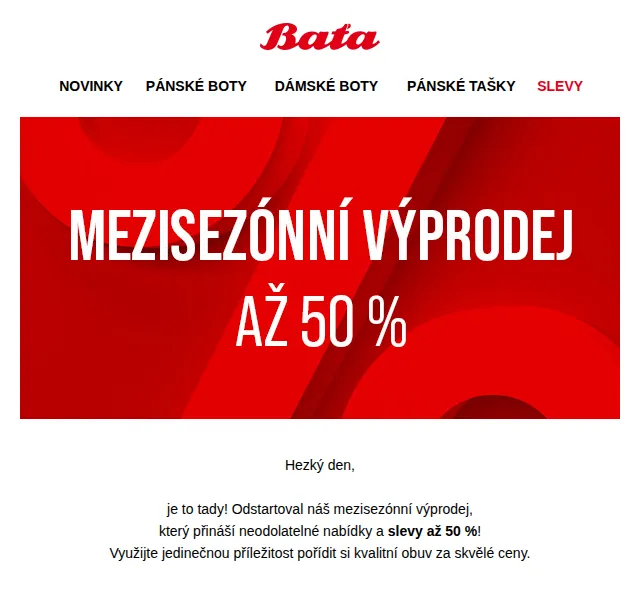 Baťa: Mezisezónní výprodej – slevy až 50 % – červenec 2026 | Nuslet.cz