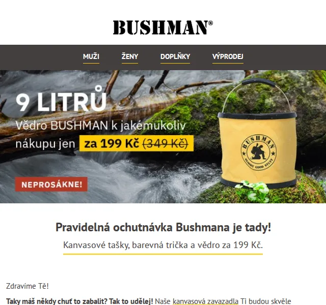 BUSHMAN: Kanvasové tašky, trička a vědro za 199 Kč – červen 2026 | Nuslet.cz