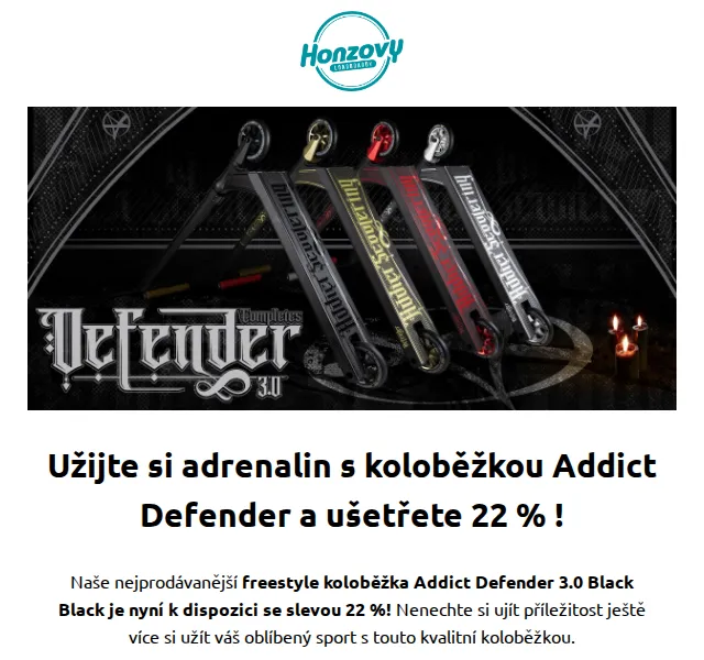 Honzovy Longboardy: Sleva 22 % na freestyle koloběžku Addict Defender 3.0 – červen 2026 | Nuslet.cz
