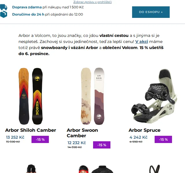 SNOWBOARD ZEZULA: Sleva 15 % na Arbor a Volcom – prosinec 2026 | Nuslet.cz