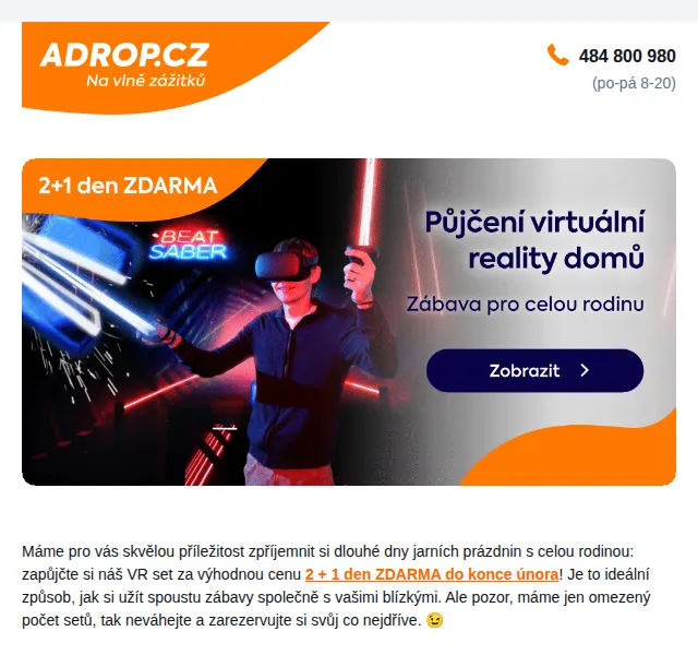 Adrop: VR set 2+1 den ZDARMA – červenec 2026 | Nuslet.cz