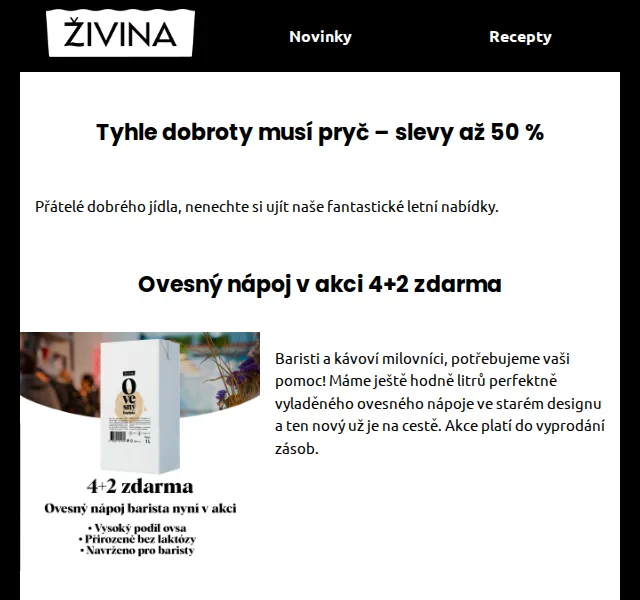 Živina: slevy až 50 % na vývar, ovesný nápoj a čilipastu – červenec 2026 | Nuslet.cz