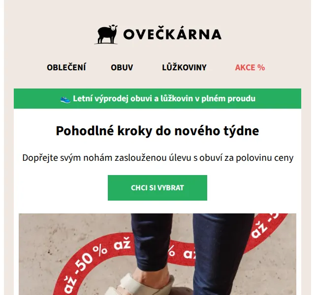 Ovečkárna: Letní výprodej obuvi -50 % + lůžkoviny -30 % | Červen 2026