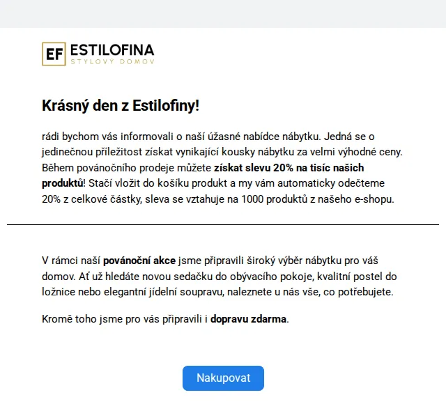 Estilofina-nabytek.cz: povánoční výprodej 20% sleva – červenec 2026 | Nuslet.cz