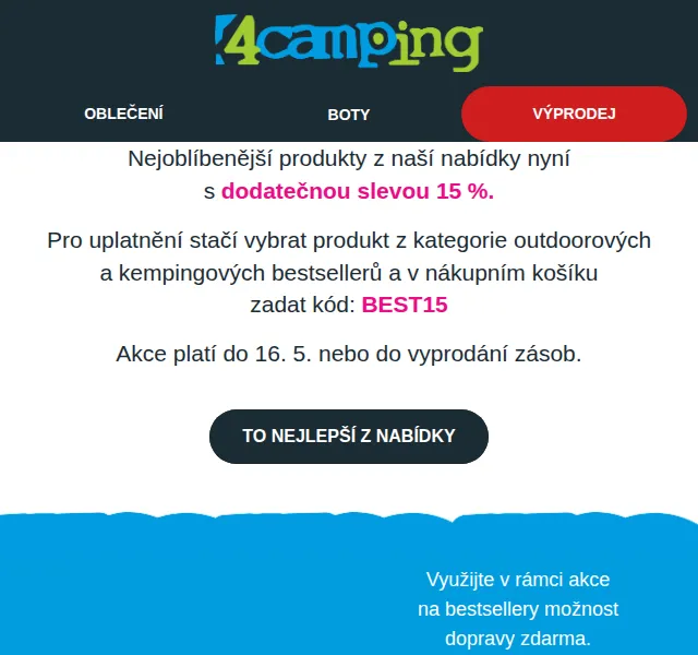 4camping.cz: sleva 15 % na bestsellery + doprava zdarma – červen 2026 | Nuslet.cz
