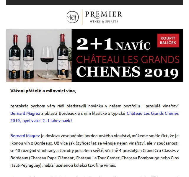 Premier Wines & Spirits: Château Les Grands Chênes 2+1 – červenec 2026 | Nuslet.cz