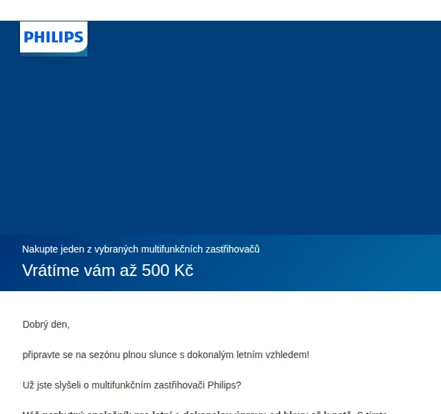 Philips: Cashback 500 Kč na zastřihovače – červenec 2026 | Nuslet.cz