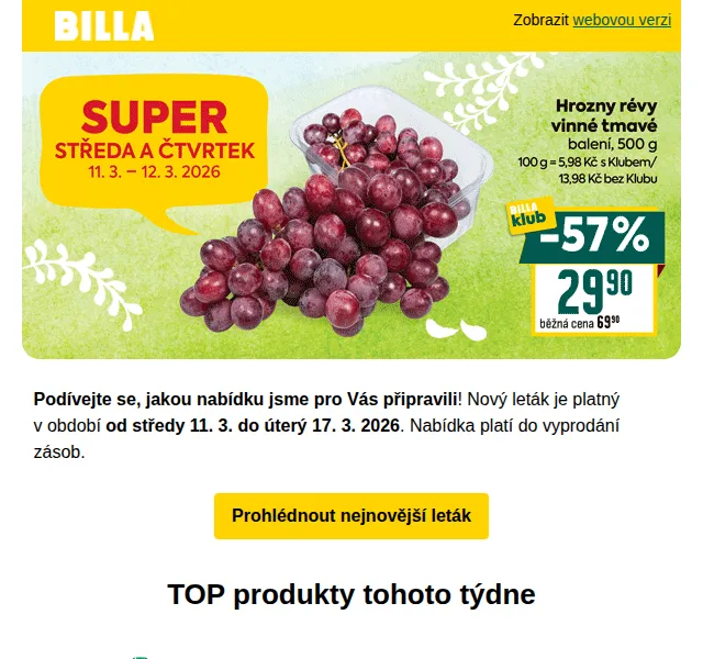 Billa: Hroznové víno 29,90 Kč a kuřecí prsa za půlku – březen 2026 | Nuslet.cz