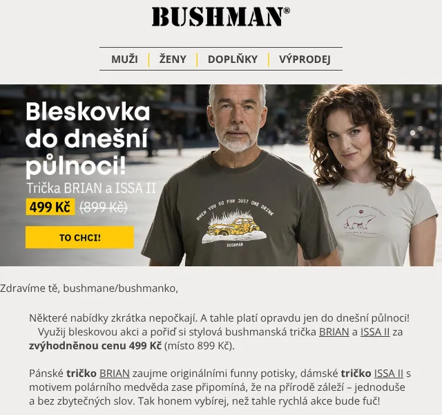 BUSHMAN: Trička -44 % + nůž -42 % – srpen 2026
