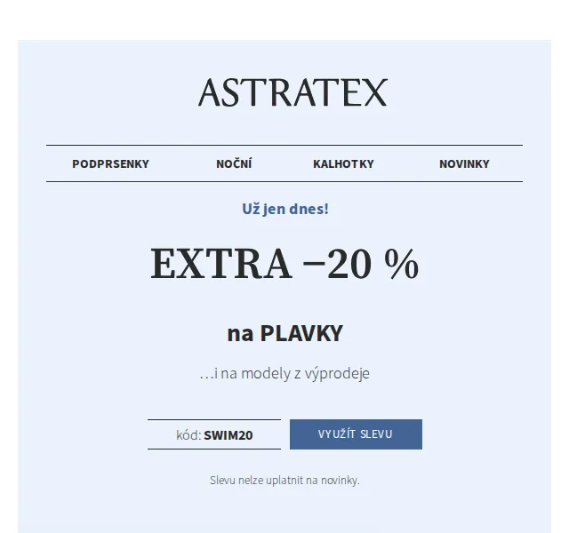 Astratex: SLEVA −20 % na plavky + doprava zdarma – červen 2026 | Nuslet.cz