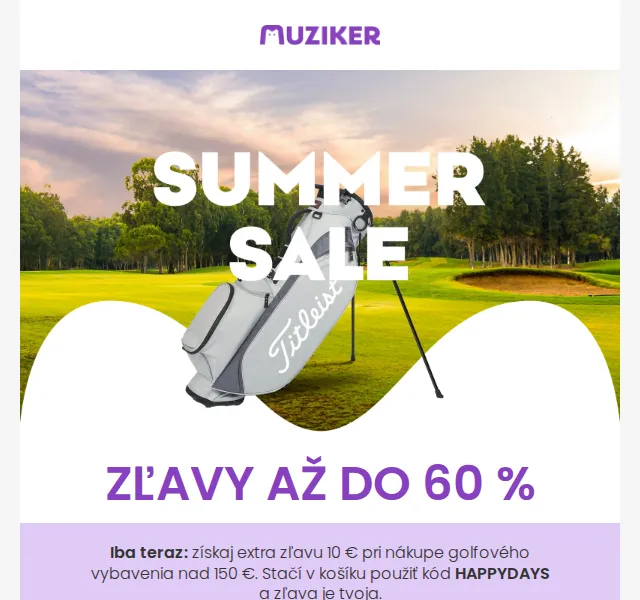Muziker: Golfový výprodej – slevy až 60 % + extra 10 € – červenec 2026 | Nuslet.cz