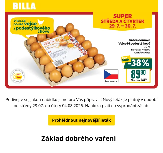 Billa: Kuřecí prsa 109,90 Kč/kg, vejce 89,90 Kč – července 2026