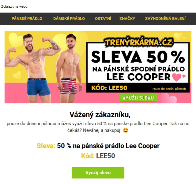 Trenýrkárna.cz: 50% sleva na pánské prádlo Lee Cooper – červen 2026 | Nuslet.cz