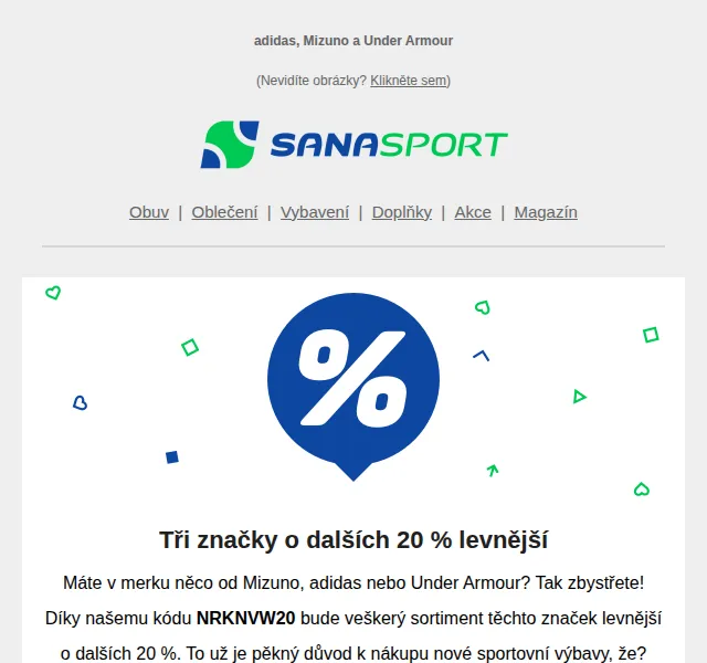 Sanasport: Sleva 20 % na adidas, Under Armour a Mizuno – červen 2026 | Nuslet.cz