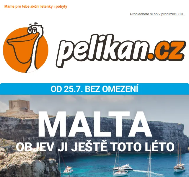 Pelikan.cz: Letenky a pobyty na Maltu – červenec 2026 | Nuslet.cz
