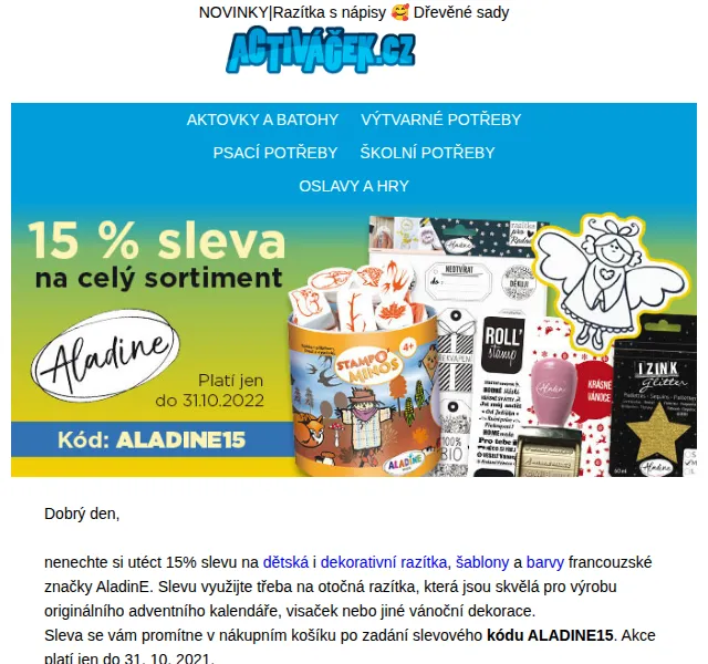 Activacek.cz: 15% sleva na AladinE razítka – říjen 2021 | Nuslet.cz