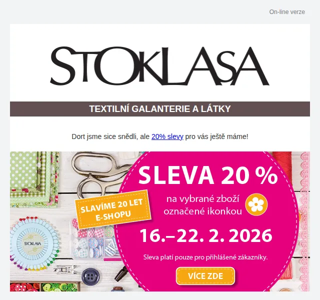 Stoklasa: 20% sleva na textilní galanterii – červenec 2026 | Nuslet.cz