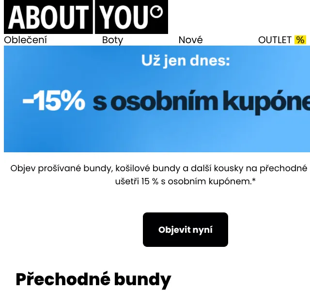 ABOUT YOU: přechodné bundy – 15 % sleva – říjen 2026