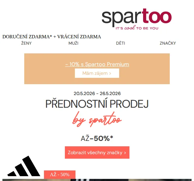 Spartoo.cz: až -50 % na Adidas – květen 2026 | Nuslet.cz