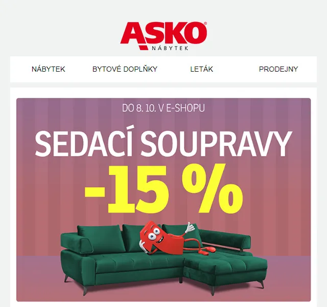 Asko Nábytek: 15% na sedací soupravy – červenec 2026 | Nuslet.cz