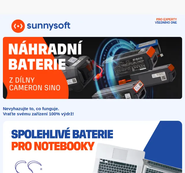 Sunnysoft: baterie Cameron Sino do notebooků a robotických vysavačů – červen 2026 | Nuslet.cz