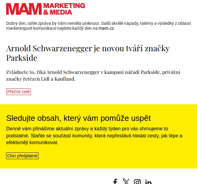 Marketing & Media: Arnold Schwarzenegger tváří Parkside – červenec 2026 | Nuslet.cz