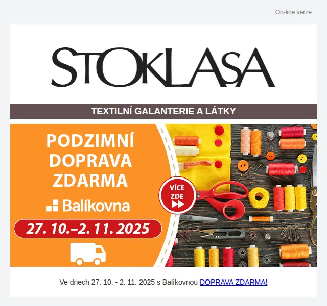 Stoklasa: Doprava zdarma s Balíkovnou do 2. 11. – listopad 2025 | Nuslet.cz