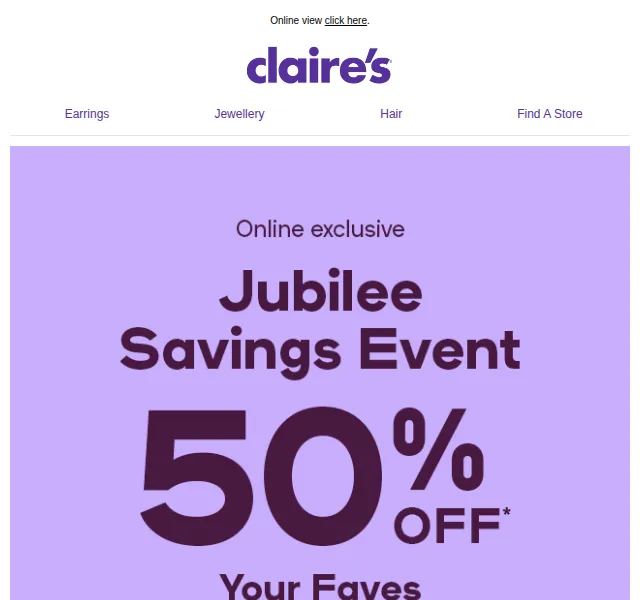 Claire's: Jubilee Savings Event – 50% sleva – červen 2026 | Nuslet.cz
