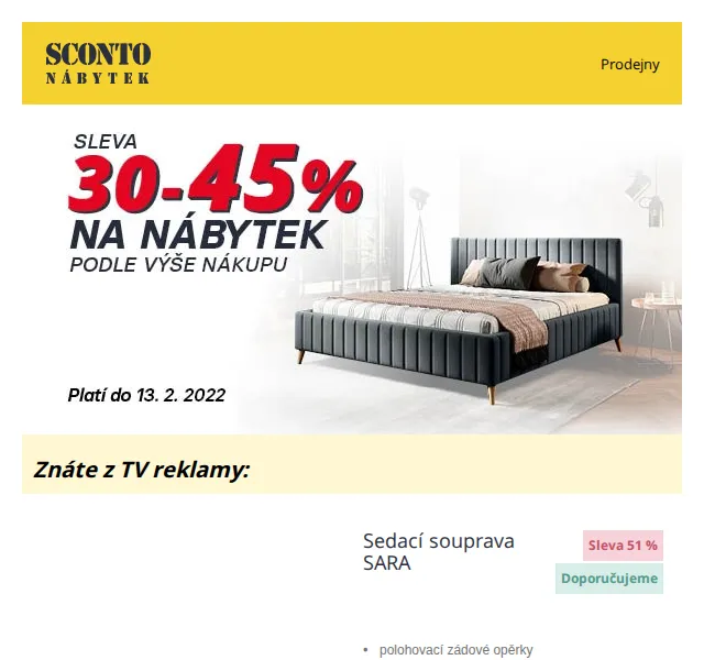 Sconto: Sleva 30-45 % na nábytek a 15 % na doplňky – červen 2026 | Nuslet.cz