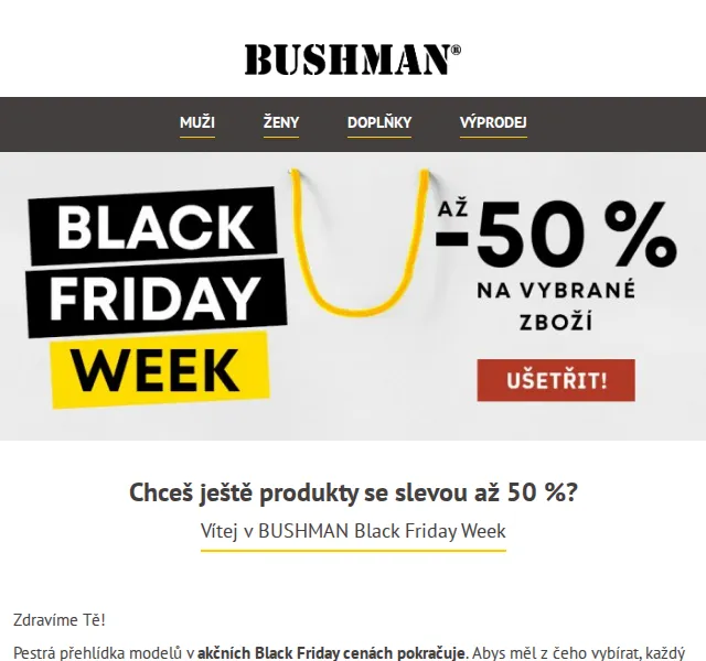 BUSHMAN: Black Friday Week se slevou až 53 % – červen 2026 | Nuslet.cz