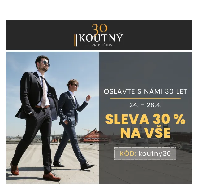 Koutný spol. s r.o.: 30% sleva na pánskou módu – červenec 2026 | Nuslet.cz
